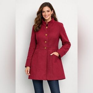 Talbots Military Pea Coat Deep Rich Red Burgundy Gold Buttons‎ Pleated Back Wool